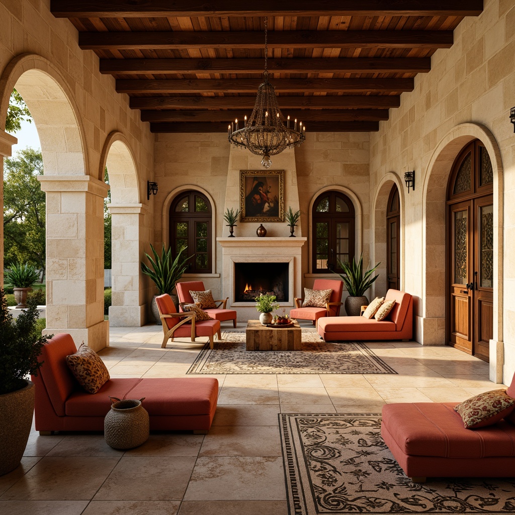 Prompt: Warm Mediterranean villa, elegant interior design, textured finishes, rustic stone walls, distressed wood beams, soft golden lighting, lavish furnishings, ornate metalwork, plush velvet fabrics, intricate mosaic tiles, natural limestone floors, warm terracotta colors, vintage wooden doors, ornamental archways, decorative columns, serene atmosphere, shallow depth of field, 1/2 composition, realistic textures, ambient occlusion.