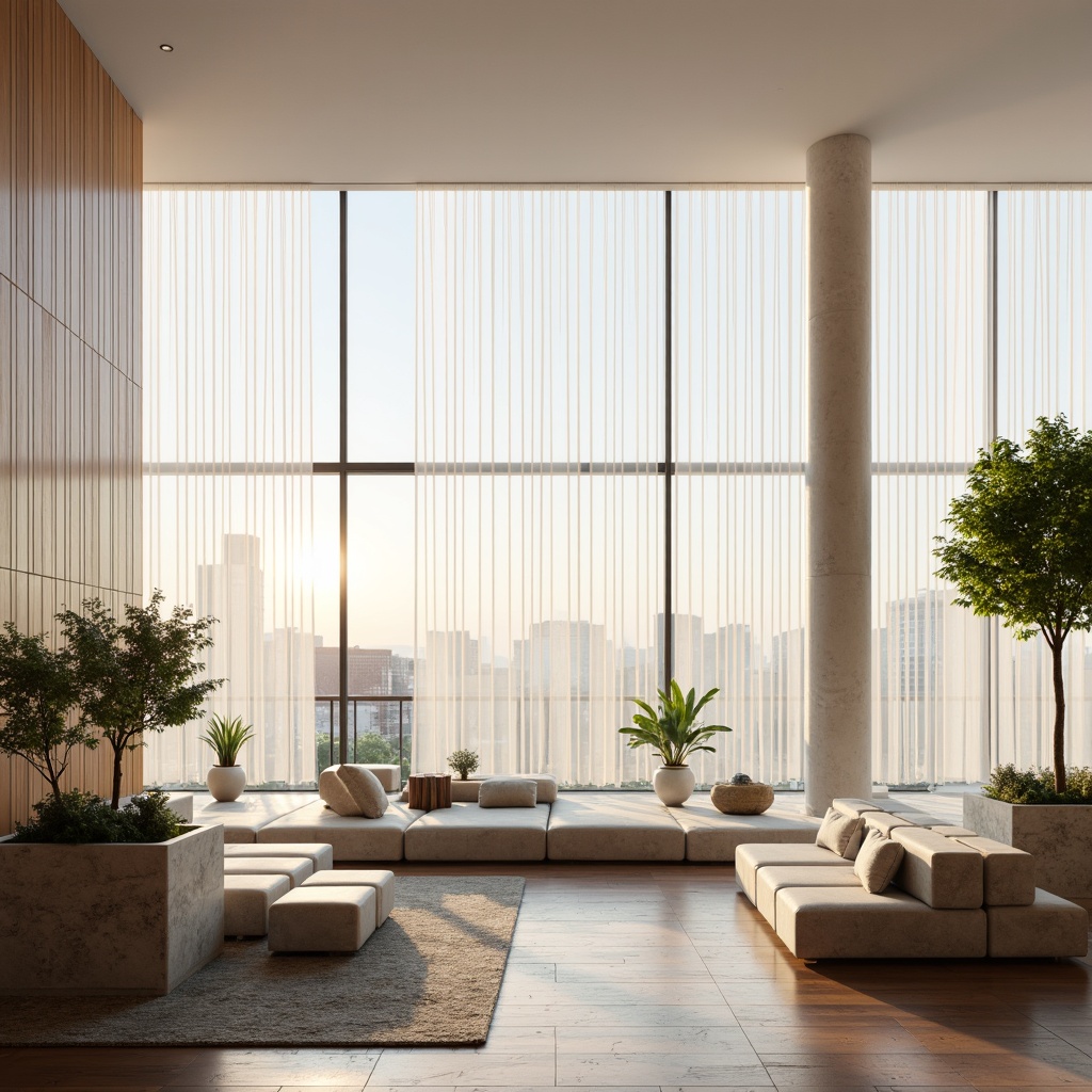 Prompt: Airy living room, floor-to-ceiling windows, sheer white curtains, minimal ornamentation, light-colored walls, polished hardwood floors, sleek low-profile furniture, greenery-filled planters, natural stone accents, modern minimalist decor, abundant daylight, soft warm glow, shallow depth of field, 1/1 composition, panoramic view, realistic textures, ambient occlusion.