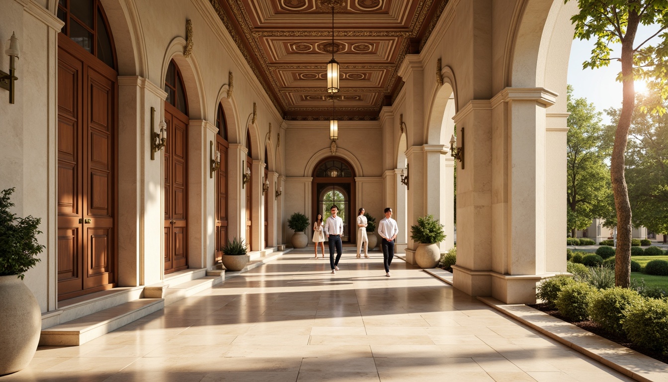 Prompt: Elegant educational institution, neoclassical architecture, cream-colored stone fa\u00e7ade, ornate columns, arched windows, rich wood accents, luxurious velvet drapes, polished marble floors, warm beige walls, soft golden lighting, subtle gradient shading, 1/1 composition, symmetrical arrangement, classic typography, subtle texture overlays, refined ornamental details.