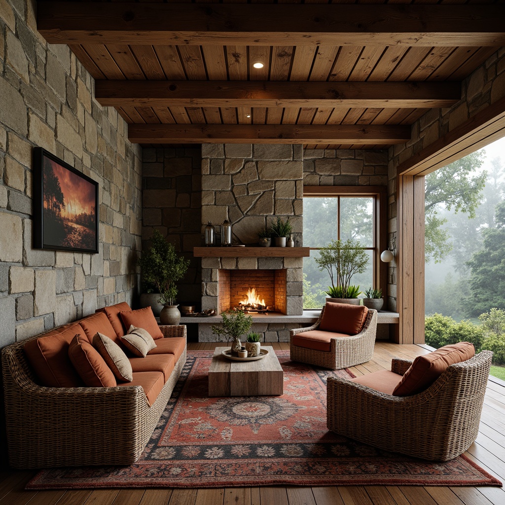 Prompt: Rustic mountain lodge, natural stone walls, reclaimed wood accents, earthy color palette, woven wicker furniture, plush velvet textiles, organic shapes, warm ambient lighting, cozy fireplace, wooden beam ceilings, rough-hewn wooden floors, lush greenery, misty atmosphere, soft focus, shallow depth of field, 1/2 composition.