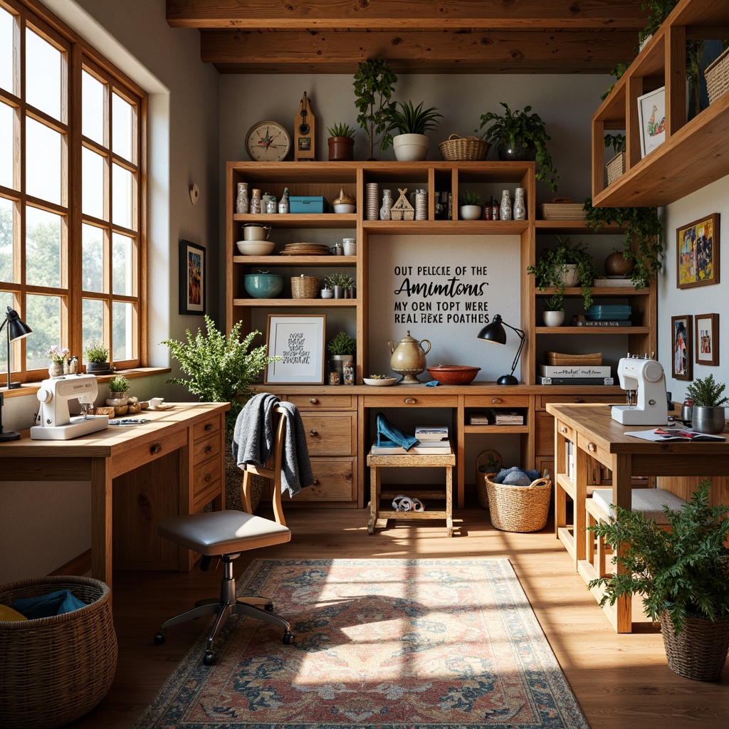 Prompt: Cozy craft room, natural wood accents, vintage sewing machines, eclectic art supplies, woven baskets, rustic wooden tables, modern task lamps, colorful fabric textiles, inspirational quote decals, organized storage shelves, ergonomic desk chairs, plenty of natural light, soft warm glow, shallow depth of field, 3/4 composition, panoramic view, realistic textures, ambient occlusion.