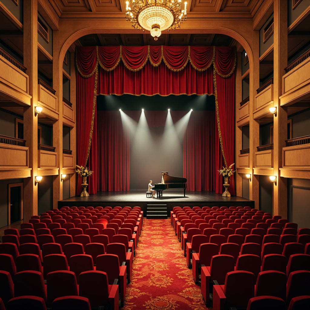 Prompt: Vibrant red seats, warm golden lighting, rich wood accents, subtle gray walls, luxurious velvet curtains, ornate chandeliers, majestic high ceilings, symmetrical stage design, grand piano performance, soft plush carpets, intimate atmosphere, dramatic spotlights, 1/1 composition, shallow depth of field, cinematic color grading.