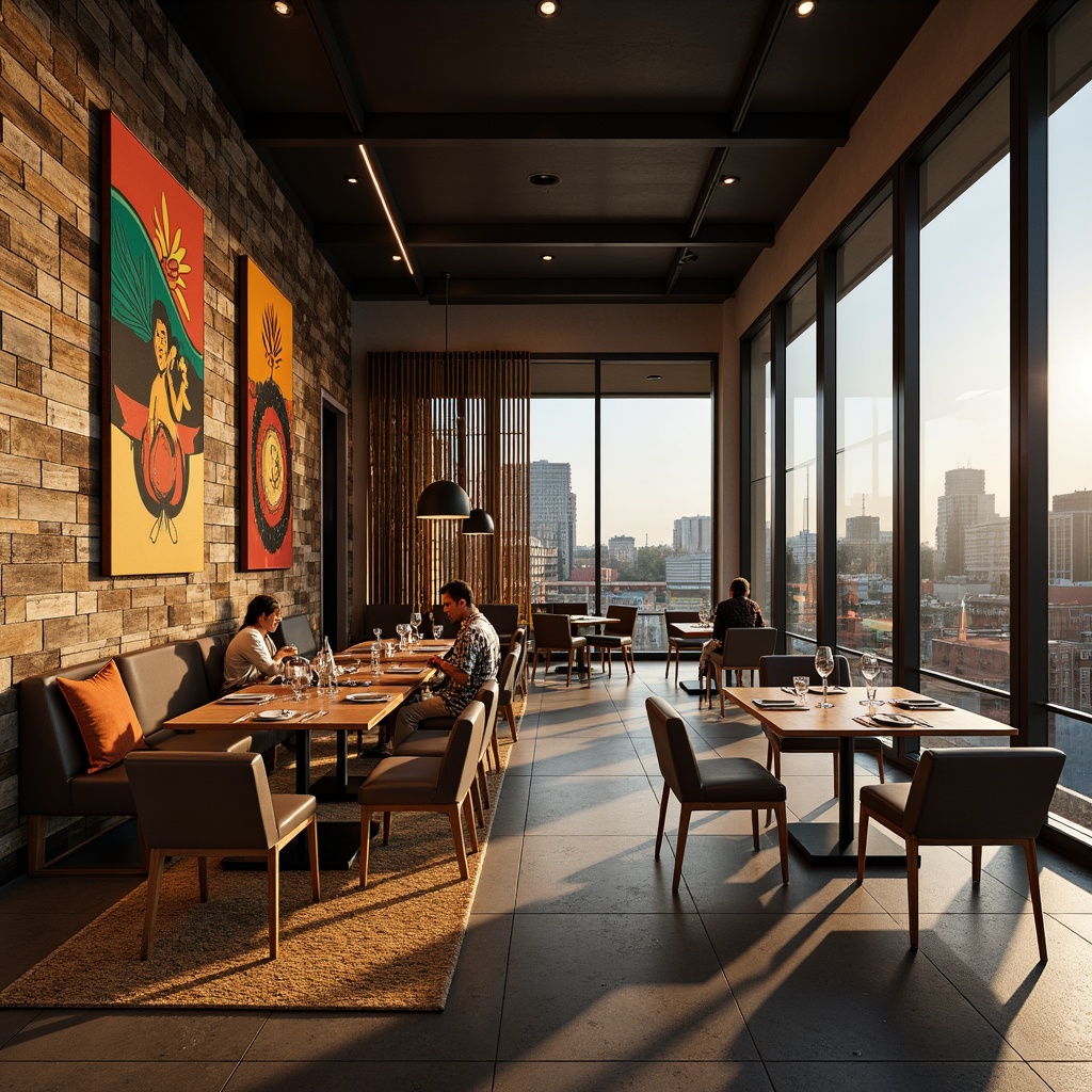 Prompt: Modern dining hall, sleek wooden tables, ergonomic chairs, minimalist decor, ambient warm lighting, luxurious textiles, metallic accents, geometric patterns, vibrant colorful artwork, natural stone flooring, reclaimed wood walls, floor-to-ceiling windows, panoramic views, 3/4 composition, realistic reflections, soft focus effect.