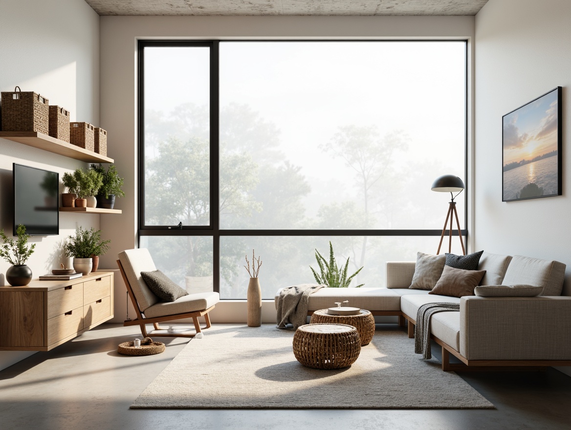 Prompt: Light-filled Scandinavian living room, minimalist wooden furniture, simple clean lines, monochromatic color scheme, natural textiles, woven baskets, plants on shelves, industrial metal lamps, concrete floors, whitewashed walls, large windows, soft diffused lighting, shallow depth of field, 1/1 composition, atmospheric mist, cozy reading nooks, Nordic-inspired decorative accents, subtle geometric patterns.