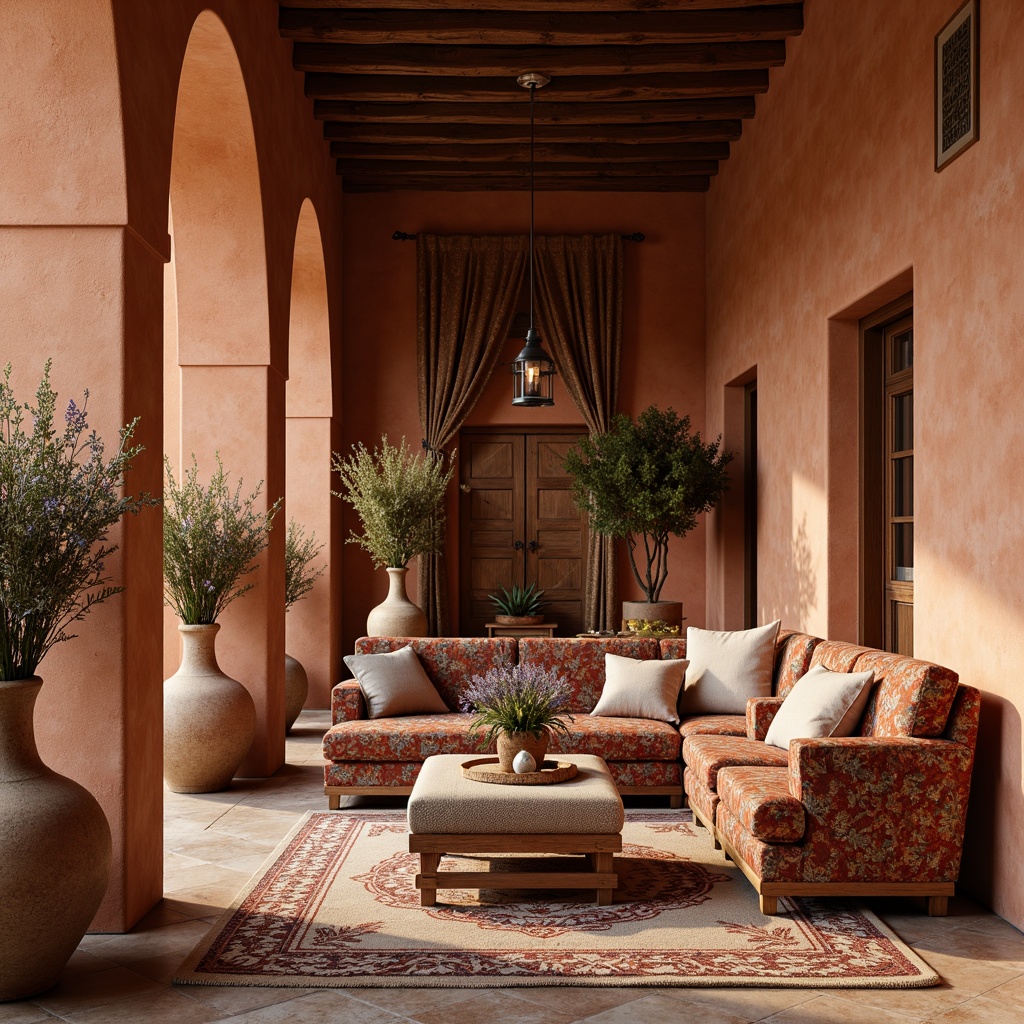 Prompt: Warm terracotta hues, natural fabrics, woven baskets, distressed wood accents, ornate tiles, Moorish arches, lavish drapery, rich velvet upholstery, intricate embroidery patterns, colorful ceramic vases, fragrant lavender bouquets, rustic stone walls, soft golden lighting, ambient shadows, 1/2 composition, warm color palette, Mediterranean-inspired textiles.