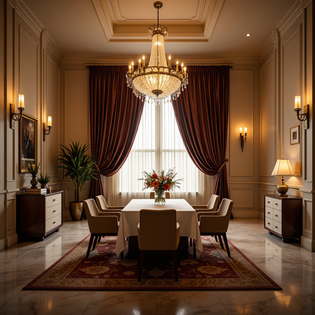 Prompt: Elegant dining room, crystal chandelier, soft warm glow, luxurious velvet drapes, polished marble floor, refined furniture pieces, subtle wall sconces, warm beige walls, ornate metal fixtures, delicate glass shades, sophisticated ambiance, intimate setting, dramatic ceiling height, 1/1 composition, warm color temperature, high-contrast lighting, realistic reflections, ambient occlusion.