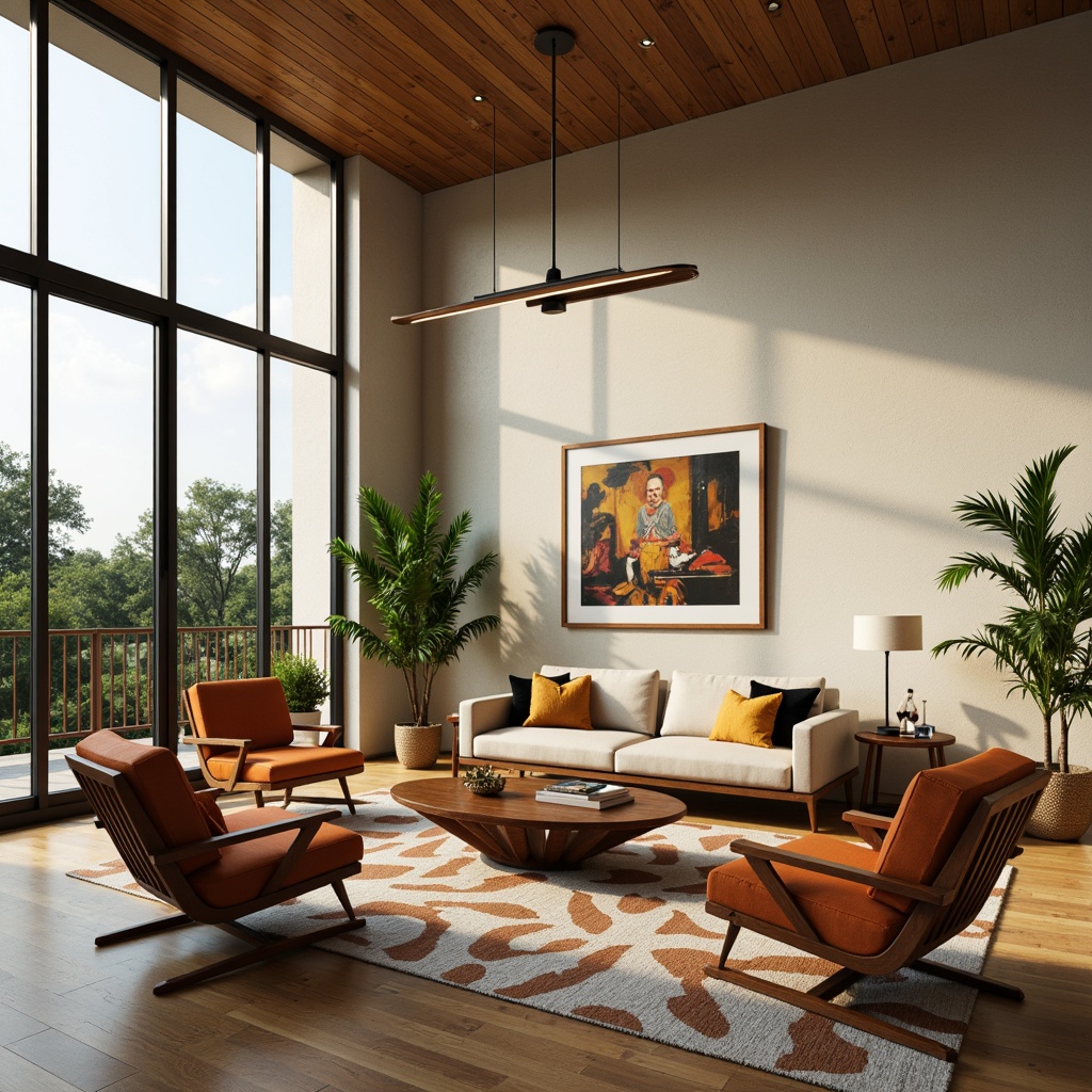 Prompt: Retro living room, mid-century modern furniture, sleek wooden coffee table, vintage armchairs, geometric patterned rug, floor-to-ceiling windows, natural light, minimalist decor, organic shapes, warm earthy tones, 1950s-inspired interior design, curved lines, low-profile sofa, statement lighting fixtures, industrial-chic metal accents, abstract artwork, greenery, peaceful ambiance, soft focus, cinematic composition.