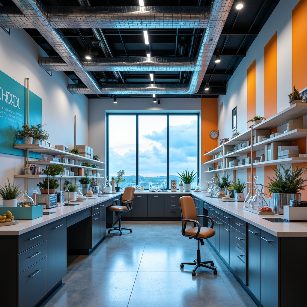 Prompt: Vibrant laboratory interior, sleek metal equipment, glass beakers, modern furniture, industrial chic aesthetic, bold accent walls, calming neutral tones, soft pastel hues, energetic blues, warm whites, crisp silvers, sterile atmosphere, high-contrast lighting, dramatic shadows, 1/2 composition, shallow depth of field, realistic textures, ambient occlusion.