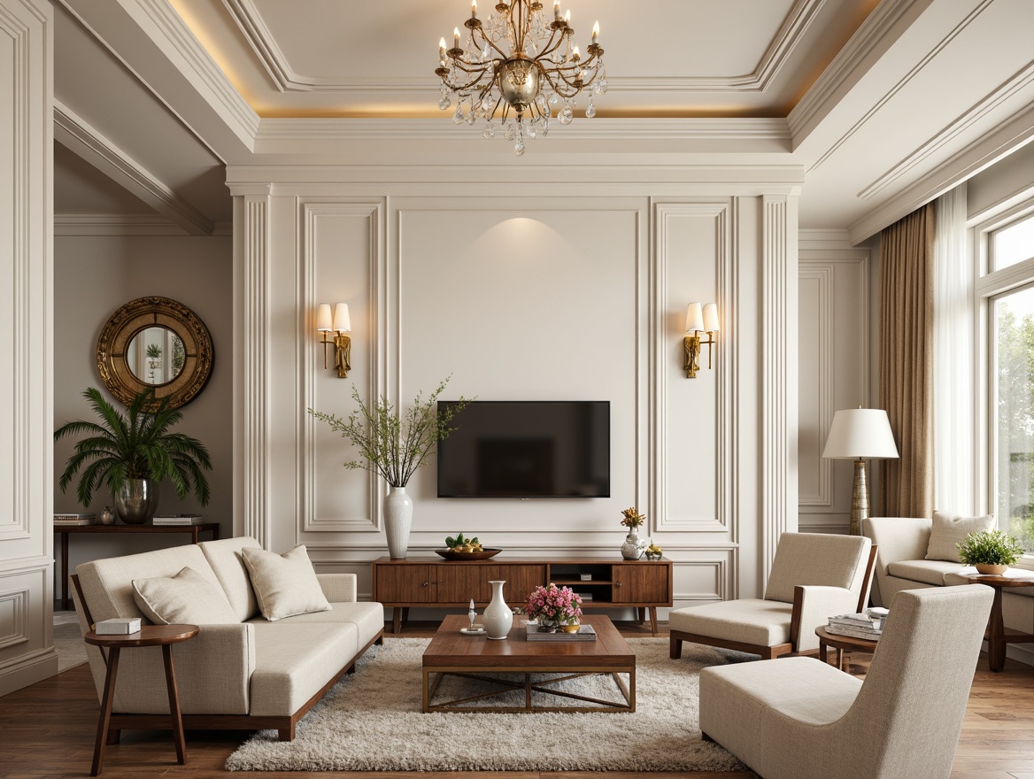 Prompt: Luxurious living room, creamy white walls, ornate molding details, refined wood accents, velvety soft furnishings, subtle gold decorations, crystal chandeliers, plush area rugs, elegant floor lamps, sophisticated color palette, warm ambient lighting, shallow depth of field, 1/1 composition, realistic textures, ambient occlusion.