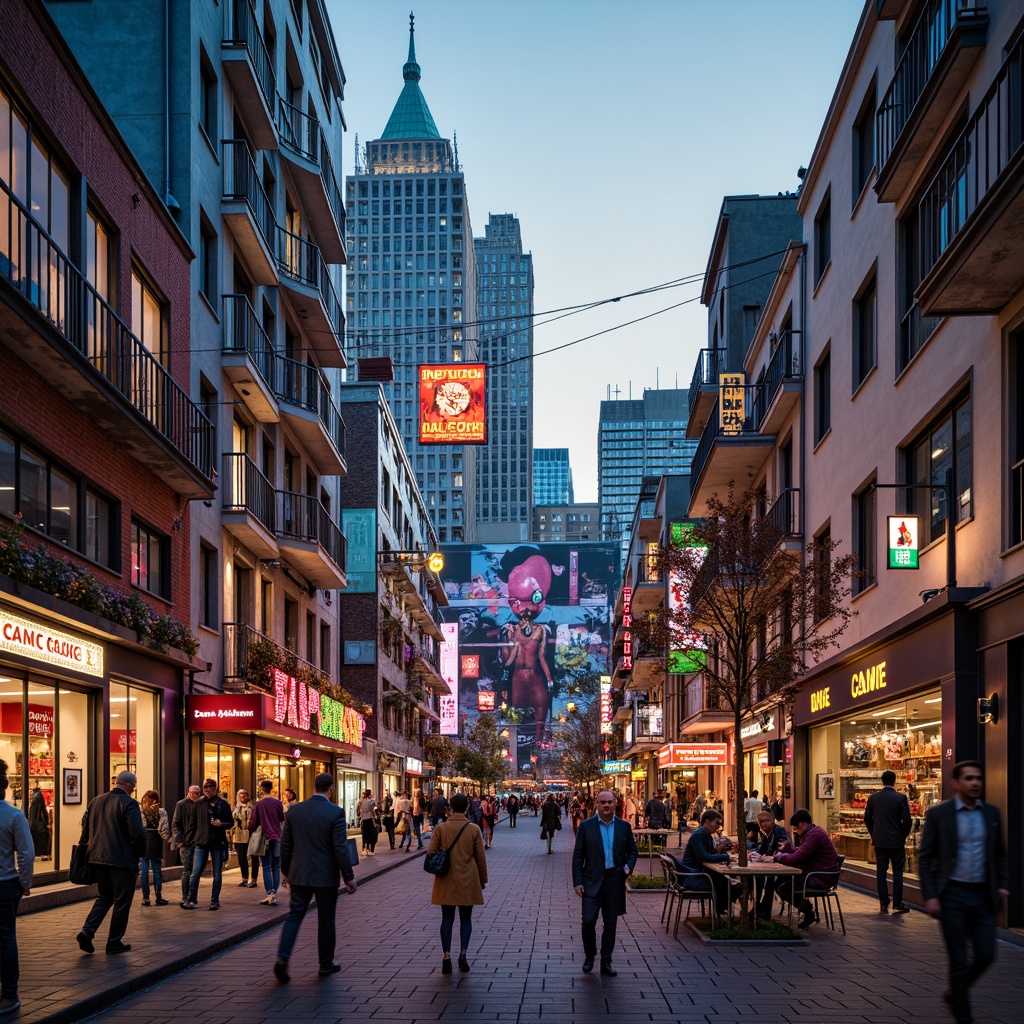 Prompt: Vibrant cityscape, eclectic mix of buildings, bold street art, bright neon lights, lively nightlife, trendy cafes, fashionable boutiques, dynamic crowds, warm sunny day, soft focus, shallow depth of field, 1/2 composition, cinematic color grading, high contrast, saturated hues, abstract textures, ambient occlusion.