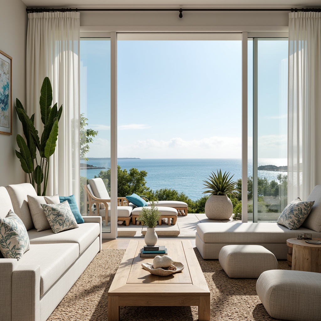 Prompt: Coastal-inspired interior, soft calming hues, ocean-blue accents, natural linen fabrics, woven sea grass patterns, driftwood textures, shell-shaped decorative elements, coral-inspired prints, beachy keystone colors, subtle nautical themes, elegant simplicity, airy openness, large windows, sliding glass doors, ocean views, sunny day, warm soft lighting, shallow depth of field, 3/4 composition, realistic fabrics, ambient occlusion.