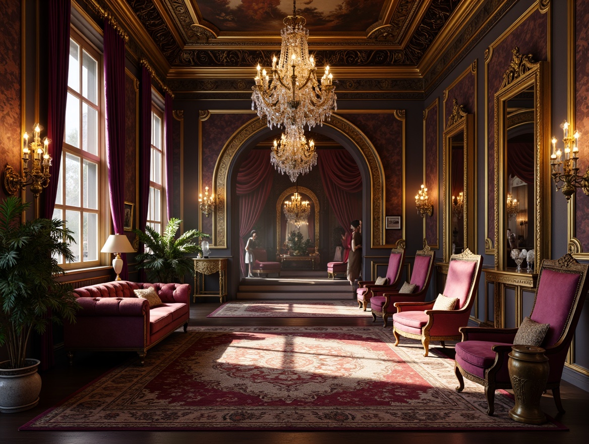 Prompt: Ornate golden frames, luxurious velvet upholstery, intricately carved wooden legs, majestic throne-like chairs, grandiose ornamental mirrors, lavish crystal chandeliers, richly patterned rugs, opulent marble tables, regal purple drapes, gilded metal accents, dramatic curved lines, exquisite hand-painted details, soft warm candlelight, intimate atmospheric ambiance, 1/2 composition, shallow depth of field, realistic textures, ambient occlusion.