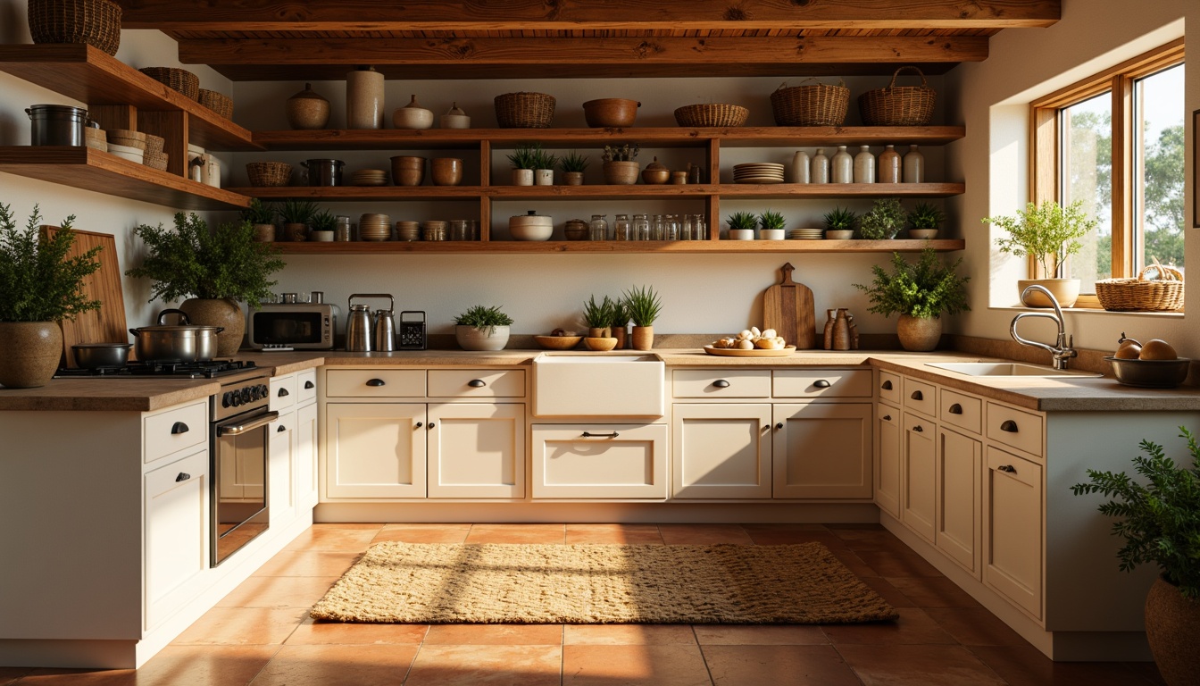 Prompt: Warm pantry interior, soft golden lighting, natural wood tones, creamy white cabinets, earthy terracotta flooring, rustic metal accents, woven wicker baskets, vintage ceramic jars, warm beige countertops, rich brown wooden shelves, lush greenery, fresh herbs, subtle gradient effects, gentle color transitions, 1/1 composition, intimate atmosphere, realistic textures, ambient occlusion.