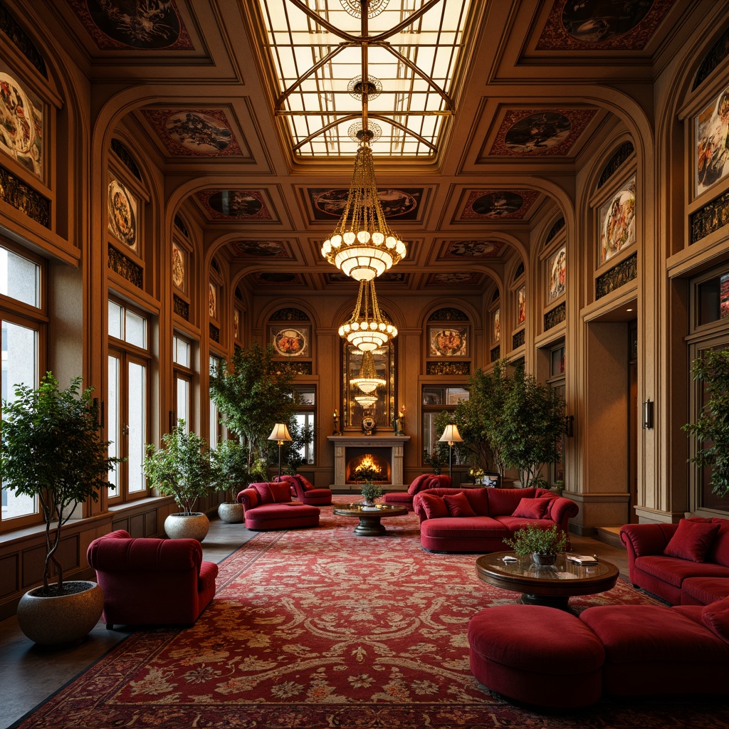 Prompt: Opulent Art Nouveau interior, lavish furnishings, sinuous lines, flowing curves, organic forms, rich jewel tones, velvety textures, intricate patterns, ornate decorations, grand chandeliers, soft warm glow, golden lighting, ambient shadows, 3/4 composition, shallow depth of field, realistic renderings, atmospheric perspective.