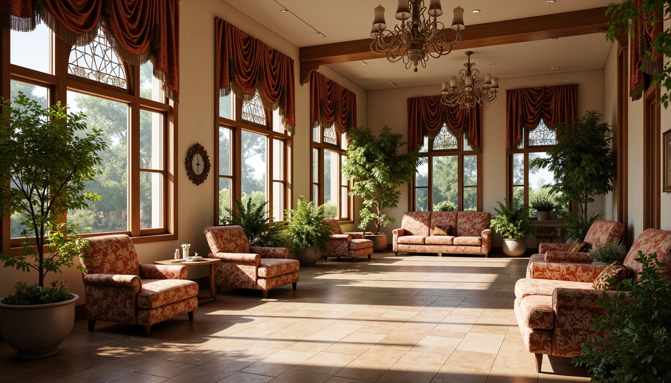 Prompt: Grandiose sunroom, ornate wooden frames, stained glass windows, lavish curtains, plush armchairs, vintage decorative accessories, rich floral patterns, warm beige walls, polished hardwood floors, intricately carved wooden panels, elegant chandeliers, soft warm lighting, natural stone tiles, lush greenery, blooming flowers, sunny day, shallow depth of field, 1/2 composition, realistic textures, ambient occlusion.