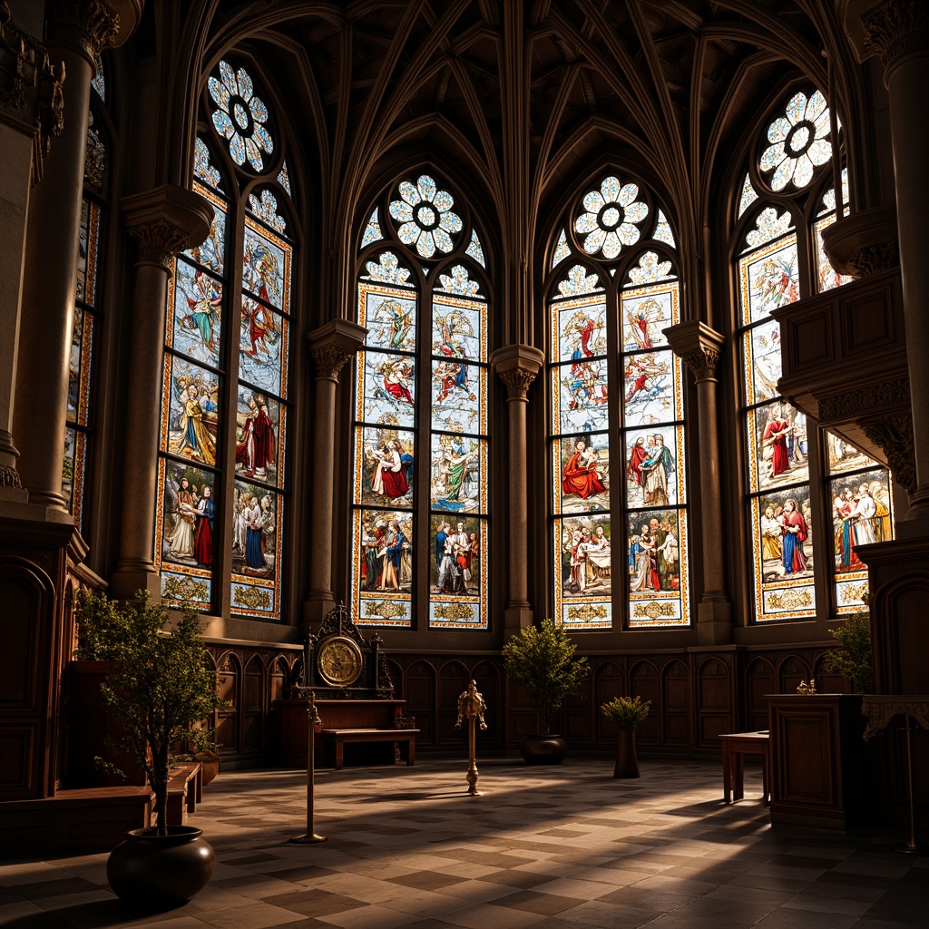 Prompt: Intricate stained glass windows, vibrant colored panes, ornate Victorian-era church architecture, grandiose Gothic Revival style, ribbed vaults, pointed arches, flying buttresses, elaborate stone carvings, richly patterned floor tiles, solemn atmosphere, soft warm lighting, dramatic chiaroscuro, highly detailed textures, realistic refractions, 1/2 composition, close-up shot, shallow depth of field.