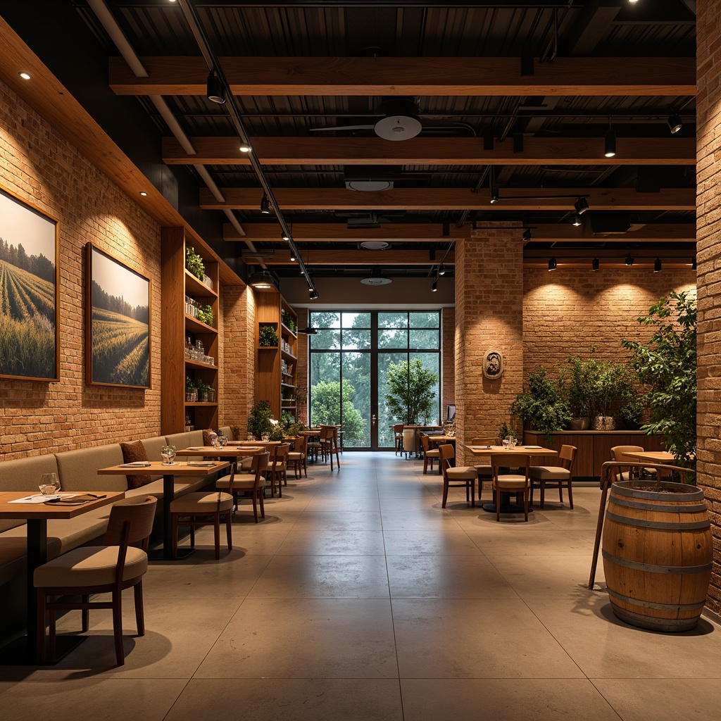 Prompt: Warm winery ambiance, rustic wooden accents, modern metalwork, dimmable LED lighting, soft warm glow, exposed brick walls, polished concrete floors, sleek glassware displays, wine barrel decor, vineyard-inspired artwork, cozy seating areas, intimate corner tables, subtle color temperature shifts, layered lighting design, accent spotlights, floor-to-ceiling windows, natural daylight pouring in, warm beige tones, industrial-chic decor, reclaimed wood shelving, minimalist pendant lights, atmospheric misting system.