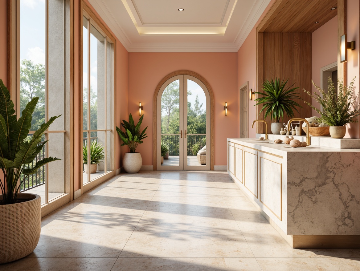 Prompt: Vibrant modern interior, pastel hues, soft peach tones, creamy whites, rich wood accents, metallic gold fixtures, elegant marble countertops, natural stone flooring, abundant greenery, floor-to-ceiling windows, warm ambient lighting, shallow depth of field, 1/1 composition, realistic textures, subtle gradient effects.