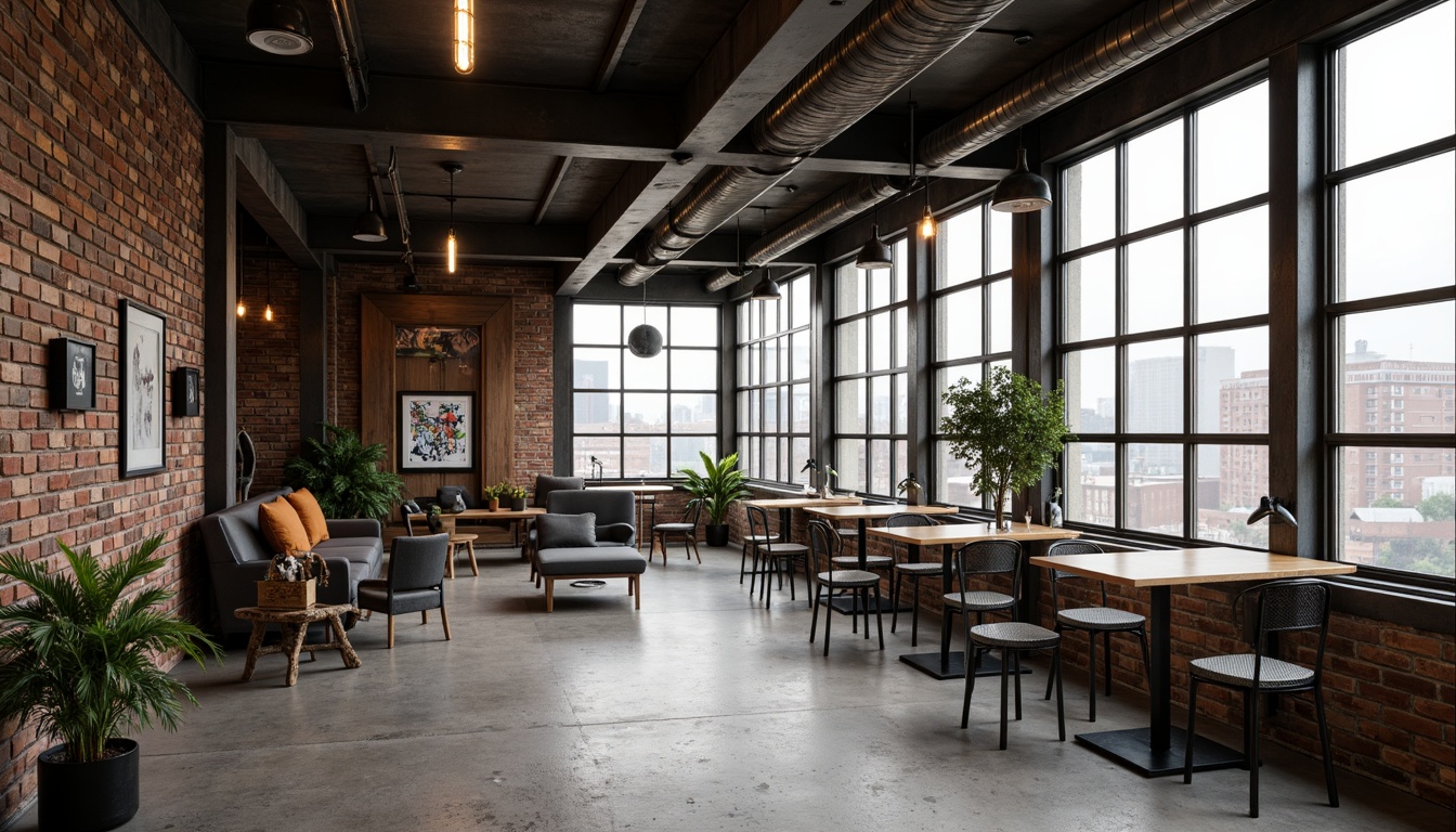 Prompt: Rustic industrial space, exposed steel beams, reclaimed wooden planks, distressed brick walls, metal mesh panels, vintage factory windows, concrete floors, urban loft atmosphere, minimalist decor, functional lighting fixtures, Edison bulbs, modern industrial chairs, sleek metal tables, urban cityscape views, cloudy day, soft natural light, shallow depth of field, 1/2 composition, realistic textures, ambient occlusion.