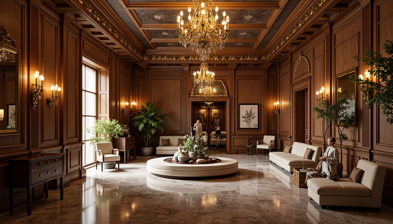 Prompt: Elegant mansion, luxurious interior, marble floors, high-gloss finish, ornate furnishings, grand chandeliers, intricate moldings, rich wood tones, velvet textiles, sophisticated ambiance, warm golden lighting, subtle shadows, 1/2 composition, shallow depth of field, realistic reflections.