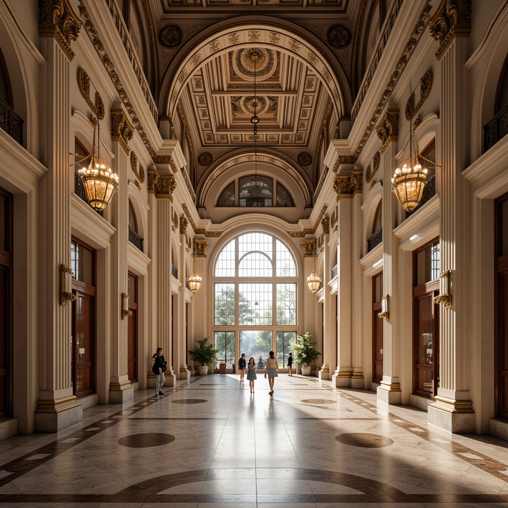 Prompt: Elegant classical architecture, symmetrical fa\u00e7ade, ornate decorations, grand entrance, Corinthian columns, arches, domes, intricate carvings, luxurious marble floors, high ceilings, crystal chandeliers, soft warm lighting, shallow depth of field, central axis composition, panoramic view, realistic textures, ambient occlusion.