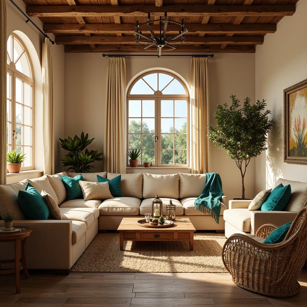 Prompt: Cozy living room, warm beige walls, rustic wooden flooring, plush sectional sofa, vibrant turquoise accents, ornate metal lanterns, woven wicker armchairs, natural fiber rugs, distressed wood coffee tables, potted olive trees, sun-drenched windows, soft warm lighting, shallow depth of field, 1/2 composition, intimate atmosphere, realistic textures, ambient occlusion.