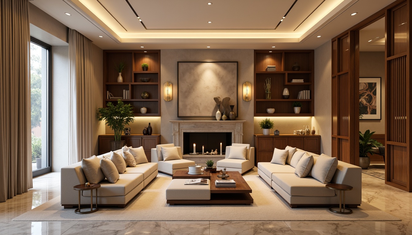 Prompt: Elegant living room, warm beige walls, rich walnut wood furniture, plush velvet sofas, soft cream accents, metallic gold lighting fixtures, luxurious marble floors, natural stone fireplaces, warm cozy atmosphere, soft box lighting, 2/3 composition, subtle texture overlay, realistic reflections.