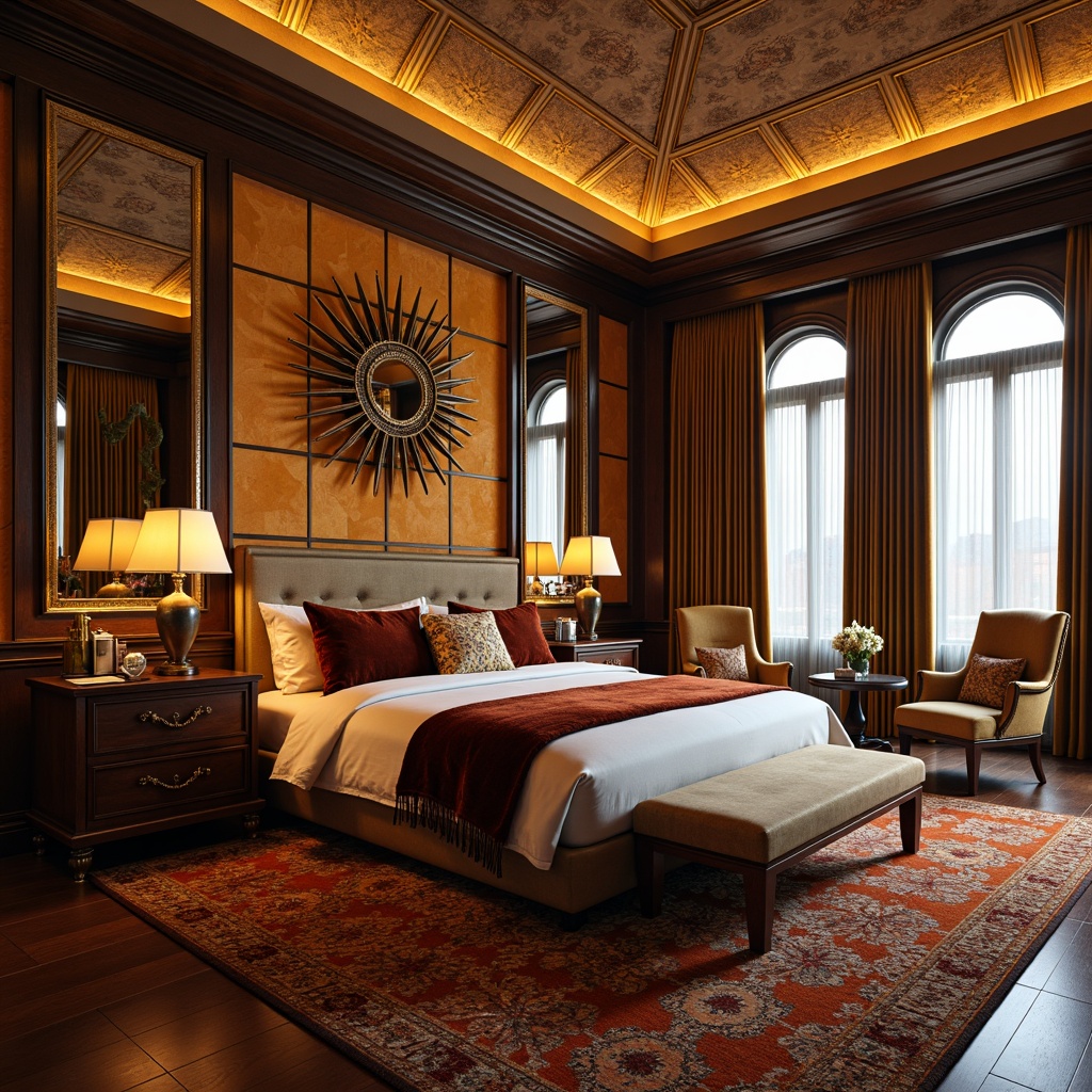 Prompt: Luxurious bedroom, bold geometric patterns, metallic accents, rich velvet fabrics, ornate mirrors, statement lighting fixtures, curved lines, sunburst motifs, elegant wooden furniture, high-gloss finishes, opulent textiles, lavish upholstery, glamorous Hollywood Regency style, sophisticated color palette, warm golden tones, soft diffused lighting, shallow depth of field, 1/2 composition, cinematic framing, dramatic shadows, realistic reflections.