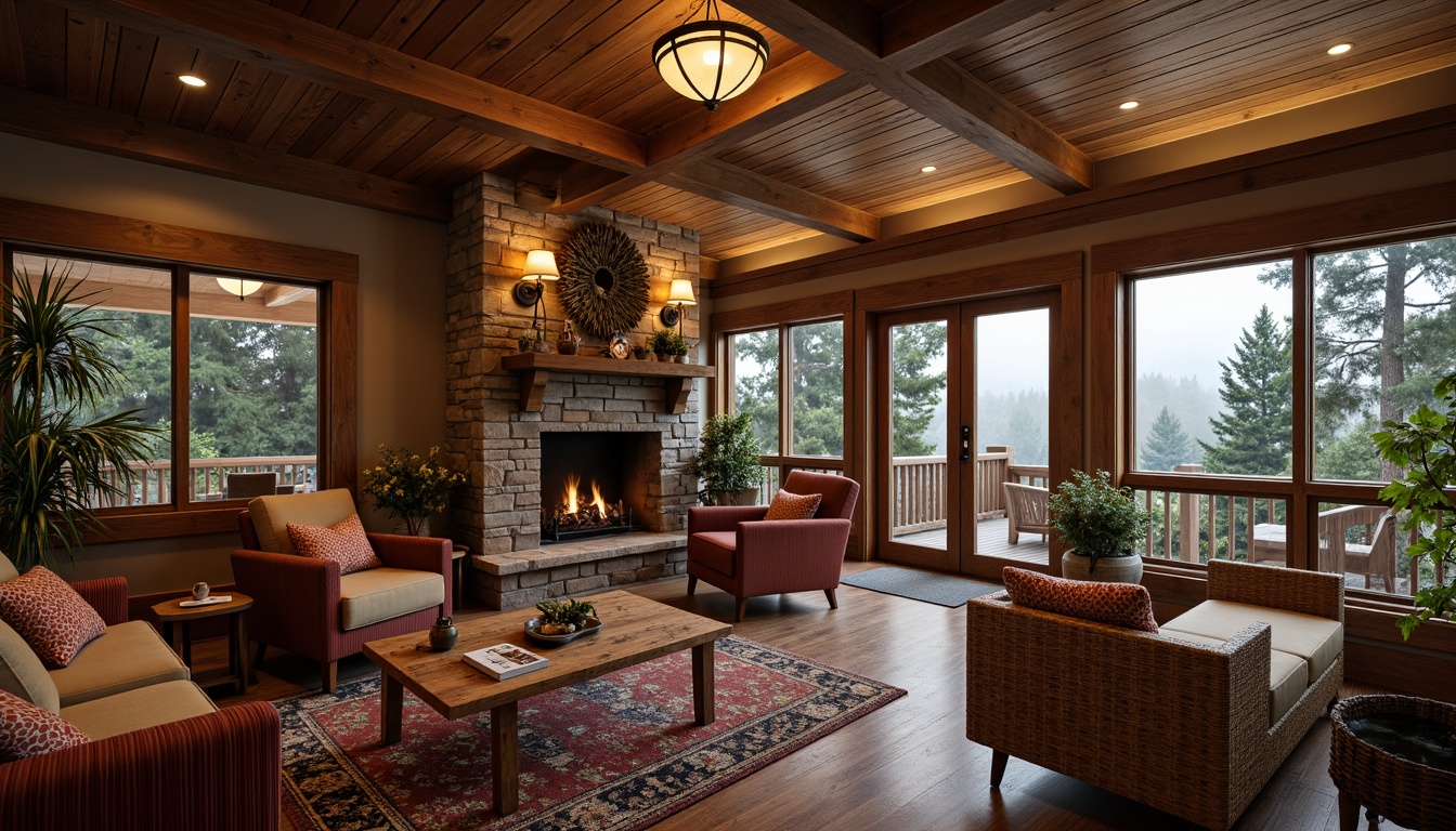 Prompt: Cozy Craftsman-style hotel lobby, rustic wooden accents, natural stone walls, earthy color palette, plush velvet furnishings, ornate metal fixtures, warm pendant lighting, inviting fireplaces, comfortable seating areas, rich wood grain textures, woven wicker furniture, distressed leather upholstery, vintage decorative accessories, scenic outdoor views, serene forest surroundings, misty morning atmosphere, soft warm lighting, shallow depth of field, 1/1 composition, realistic textures, ambient occlusion.