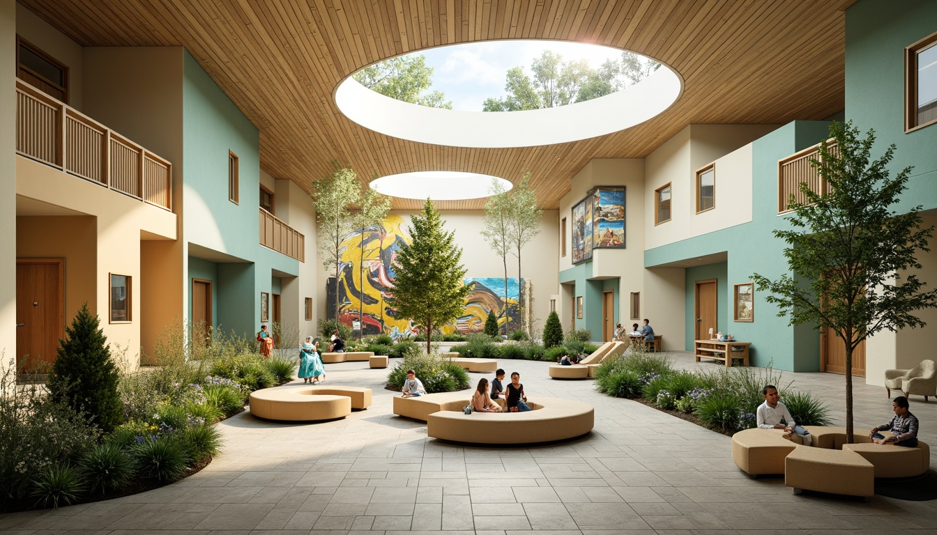 Prompt: Vibrant community center, warm beige walls, soft sage accents, calming blue tones, energetic yellow highlights, natural wood textures, cozy carpeted floors, abundant greenery, lively public art installations, modern minimalist furniture, circular gathering spaces, softbox lighting, shallow depth of field, 2/3 composition, realistic textures, ambient occlusion.