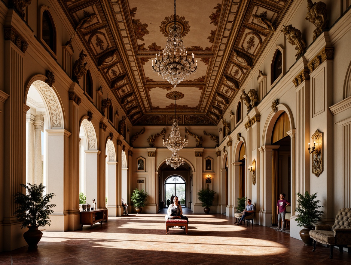 Prompt: Intricate moldings, ornate plasterwork, luxurious fabrics, rich wood paneling, gilded accents, crystal chandeliers, classical columns, sculpted reliefs, carved furnishings, elegant archways, refined color palette, soft golden lighting, subtle texture variations, 1/1 composition, shallow depth of field, realistic reflections, ambient occlusion.