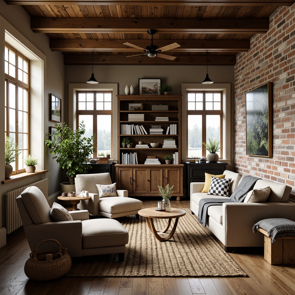 Prompt: Rustic farmhouse, vintage decor, distressed wood furniture, plush velvet armchairs, natural linen upholstery, woven jute rugs, earthy color palette, botanical prints, antique metal accents, eclectic mix of patterns, bold stripes, playful polka dots, soft florals, textured throw blankets, chunky knit pillows, reclaimed wooden beams, exposed brick walls, warm candlelight, cozy reading nooks, 1/1 composition, shallow depth of field, realistic textures, ambient occlusion.