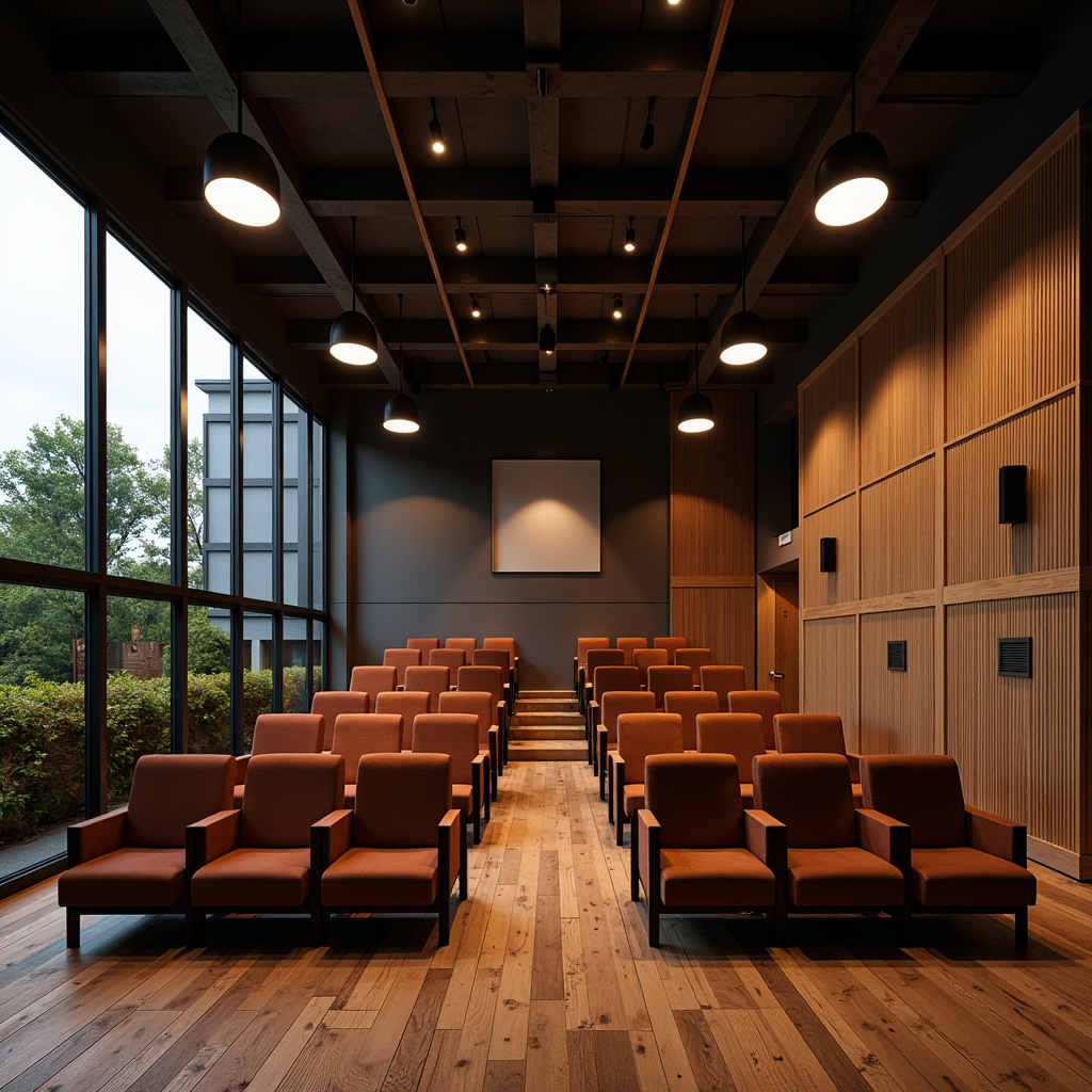 Prompt: Minimalist theater interior, Nordic aesthetic, wooden accents, soft warm lighting, pendant lamps, floor-to-ceiling windows, natural daylight, cozy atmosphere, plush velvet seats, rustic wooden floors, industrial metal beams, modern Scandinavian design, abstract geometric patterns, subtle color palette, dramatic spotlights, warm ambient glow, shallow depth of field, 1/1 composition, realistic textures.