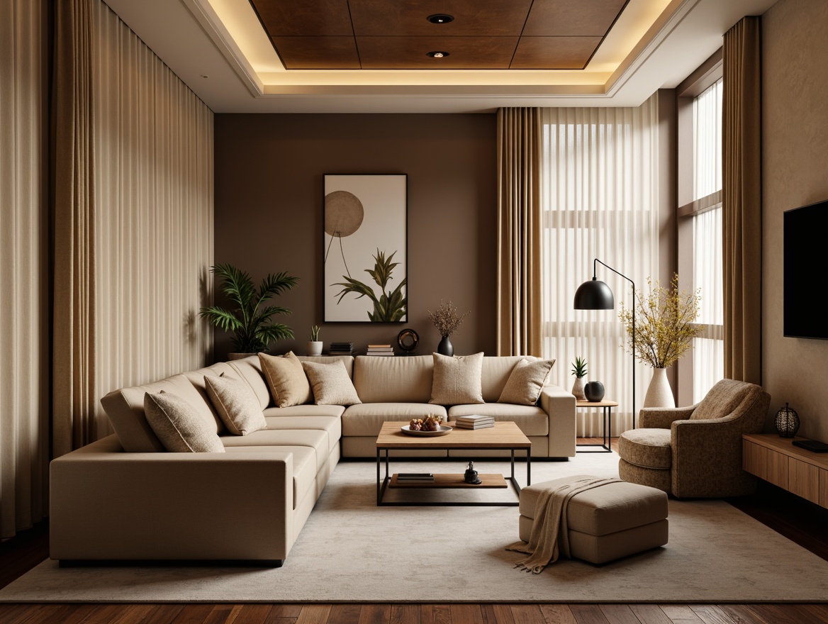 Prompt: Cozy living room, plush sofas, soft velvet fabrics, warm beige tones, natural wood accents, elegant drapery, subtle patterns, comfortable cushions, ambient lighting, soft focus, shallow depth of field, 2/3 composition, inviting atmosphere, relaxing ambiance, calming color palette, luxurious textiles, sophisticated interior design.