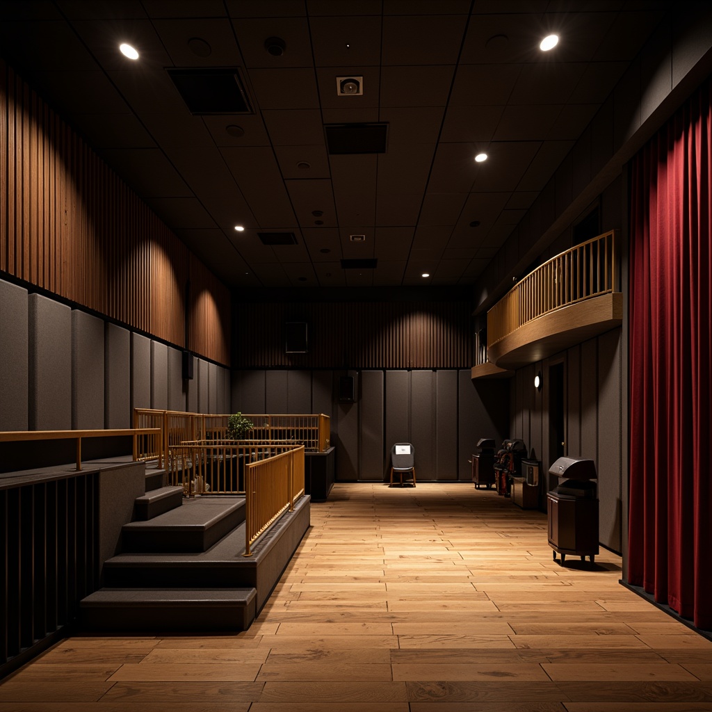 Prompt: Intimate theater space, minimalistic design, wooden floorboards, sound-absorbing panels, dark-toned walls, subtle stage lighting, sleek audio equipment, suspended speakers, acoustic diffusers, tiered seating, crimson velvet curtains, ornate golden railings, low-key color palette, soft ambient glow, warm spotlights, 1/2 composition, cinematic framing, realistic material textures, advanced audio technology.