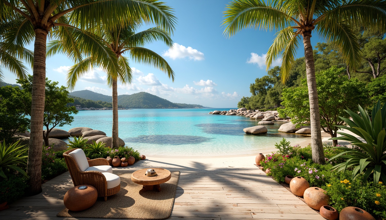 Prompt: Vibrant tropical landscape, lush green palms, exotic flowers, warm sandy beach, crystal-clear turquoise water, colorful coral reefs, rustic wooden decks, woven rattan furniture, natural fiber textiles, earthy terracotta pots, distressed wood accents, soft warm lighting, shallow depth of field, 3/4 composition, panoramic view, realistic textures, ambient occlusion.