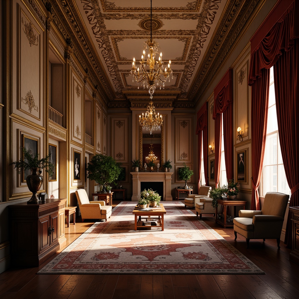 Prompt: Intricate ornate plasterwork, richly patterned wallpapers, lavish velvet drapes, antique furniture pieces, opulent chandeliers, intricately carved wooden paneling, distressed finishes, warm golden lighting, atmospheric shadows, 1/1 composition, dramatic vertical framing, realistic texture details, ambient occlusion.