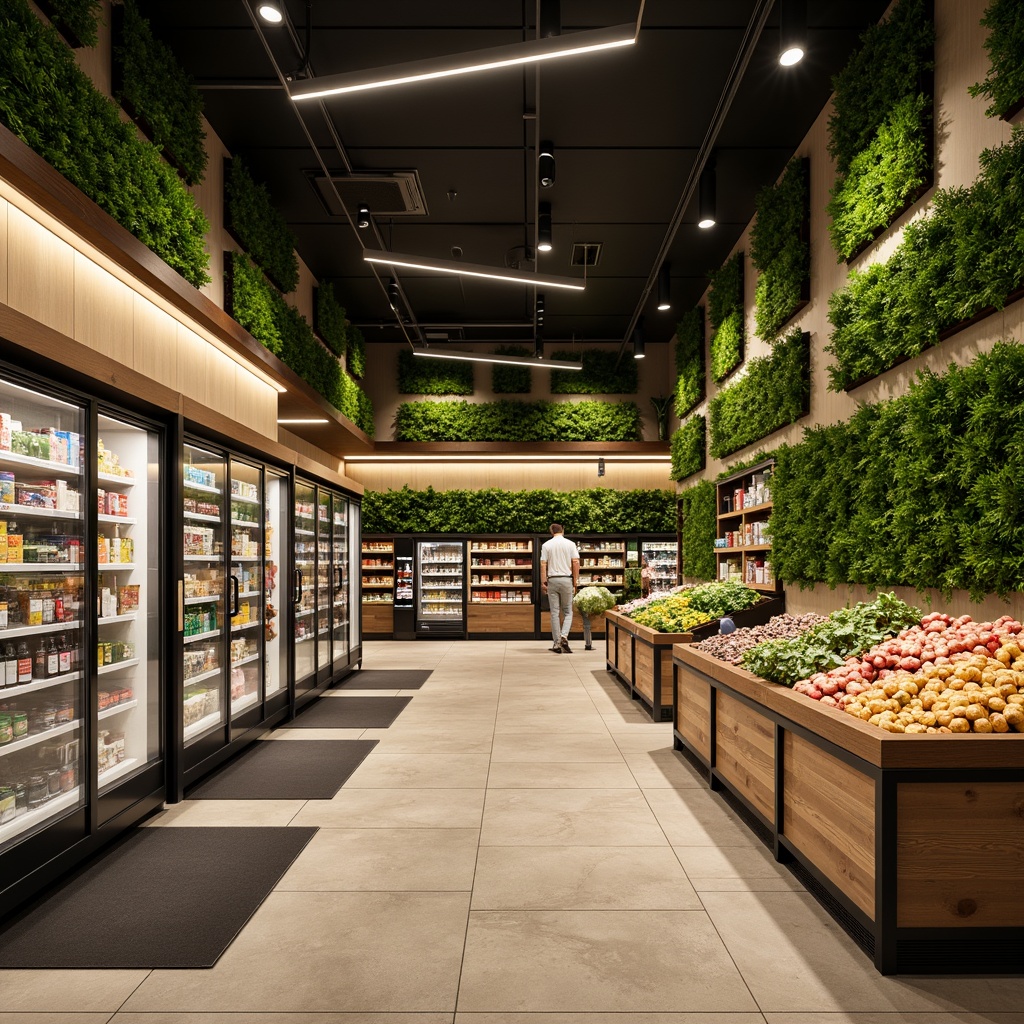 Prompt: Academic-style grocery store interior, modern LED lighting systems, warm softbox illumination, suspended ceiling fixtures, polished chrome accents, minimalist shelving units, sleek glass refrigerators, natural stone flooring, earthy tone color palette, abundant greenery, living walls, vertical garden installations, subtle ambient glow, 1/1 composition, shallow depth of field, realistic textures, ambient occlusion.Let me know if this meets your requirements!