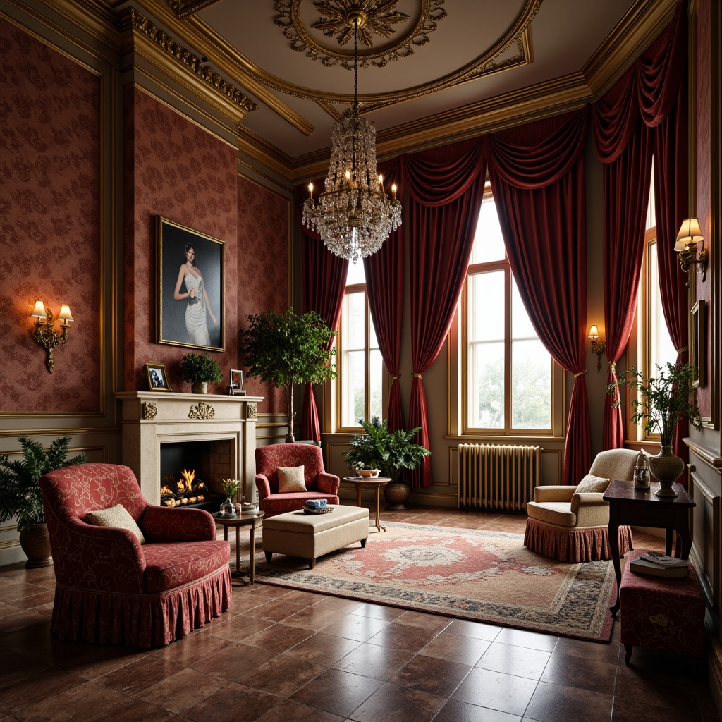 Prompt: Luxurious velvet drapes, intricately patterned silk fabrics, richly textured damask upholstery, ornate gold accents, carved wooden furniture, lavish crystal chandeliers, refined marble floors, stately columns, classical archways, soft warm lighting, subtle shading, 1/1 composition, intimate atmosphere, realistic reflections, ambient occlusion.