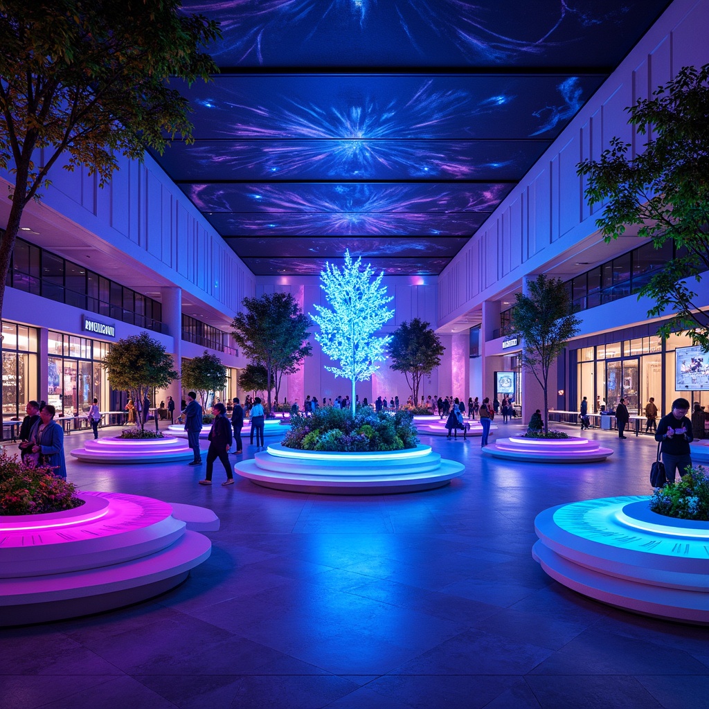 Prompt: Neon-lit pavilion, futuristic interior design, vibrant color scheme, electric blue accents, glowing purple hues, iridescent materials, holographic patterns, metallic surfaces, sleek lines, minimalist decor, ambient lighting, soft glow effects, 3/4 composition, shallow depth of field, realistic textures, ambient occlusion, luxurious seating areas, interactive displays, virtual reality experiences, innovative technology integrations.