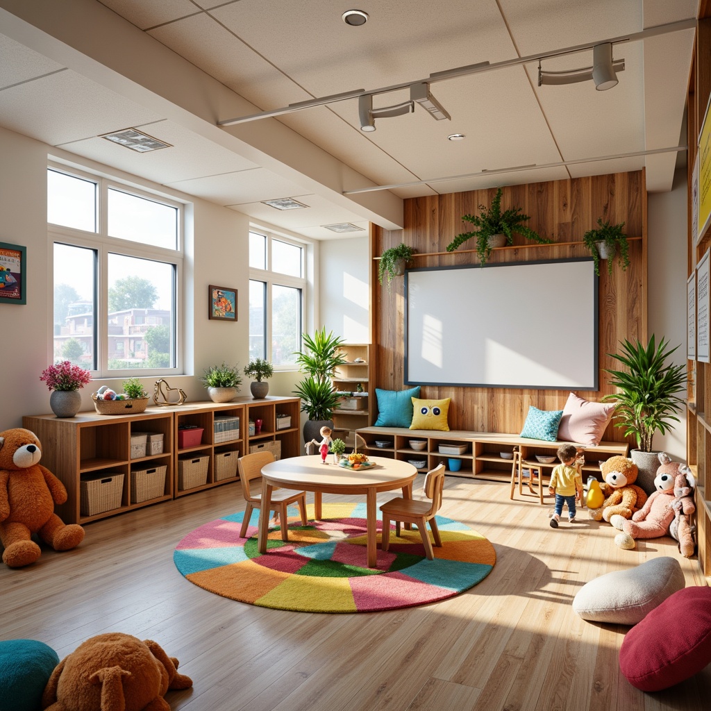 Prompt: Vibrant kindergarten classroom, eclectic furniture arrangement, colorful wooden tables, mismatched chairs, playful pillows, whimsical rugs, oversized stuffed animals, interactive whiteboards, educational posters, natural wood accents, woven baskets, cozy reading nooks, flexible seating options, collaborative workspaces, soft pastel hues, warm ambient lighting, shallow depth of field, 1/1 composition, realistic textures, ambient occlusion.