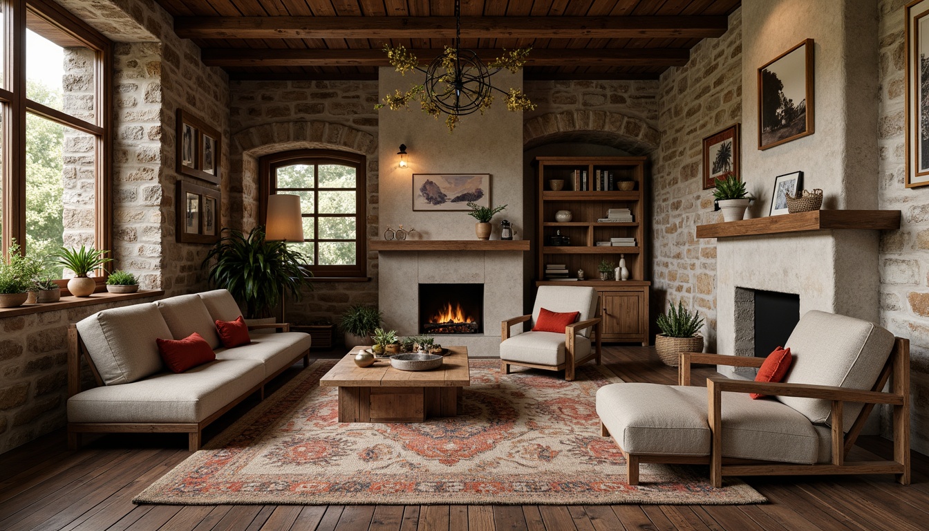 Prompt: Natural stone walls, reclaimed wooden floors, exposed brick textures, industrial metal accents, earthy color palette, organic forms, rustic furnishings, vintage decorative items, warm ambient lighting, cozy intimate spaces, eclectic global-inspired patterns, distressed finishes, tactile materials, nature-infused aesthetics, earthy scents, soft atmospheric misting.