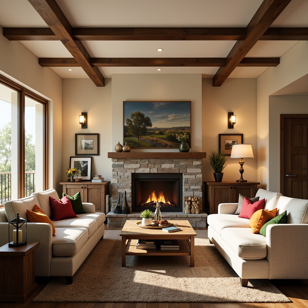 Prompt: Cozy family room, warm ambient lighting, soft cream walls, plush sectional sofas, wooden coffee tables, vibrant colorful throw pillows, rustic stone fireplace, modern LED ceiling lights, warm glow floor lamps, textured rugs, natural wood accents, earthy tone color scheme, relaxing atmosphere, afternoon sunlight, shallow depth of field, 1/1 composition, realistic rendering.