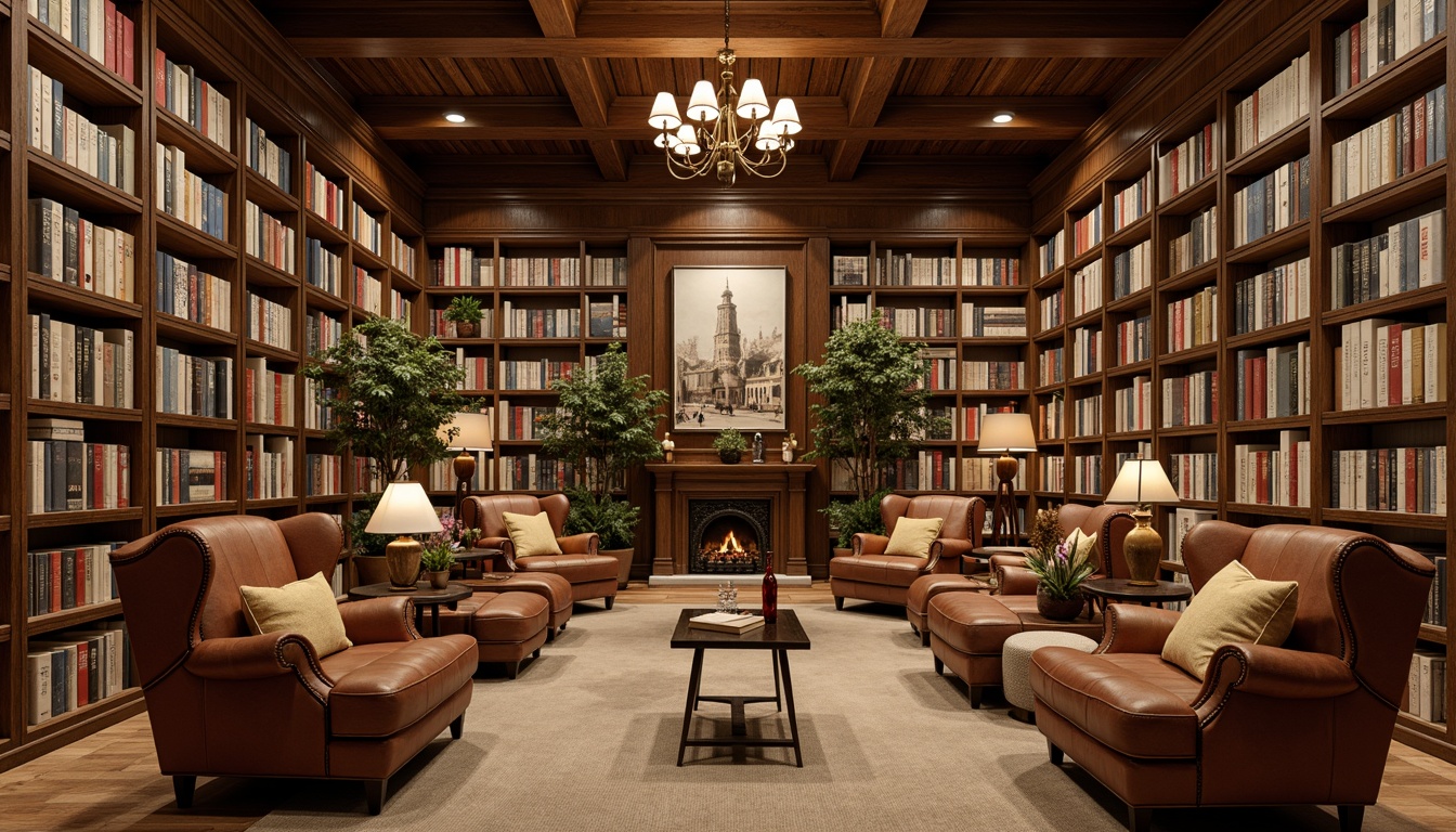 Prompt: Cozy bookstore, warm wooden shelves, plush armchairs, comfortable sofas, rustic coffee tables, vintage book carts, soft warm lighting, natural wood flooring, earthy tone walls, floor-to-ceiling bookcases, ladder bookshelves, elegant chandeliers, rich leather upholstery, ornate metal frames, classic literary artwork, warm beige rugs, inviting reading nooks, functional desk lamps, modern ergonomic chairs, eclectic decorative accents.