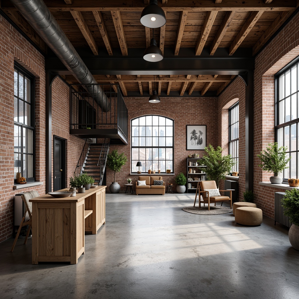 Prompt: Industrial warehouse space, exposed brick walls, polished concrete floors, minimalist decor, functional metal beams, reclaimed wood accents, modern pendant lighting, sparse greenery, urban loft vibe, neutral color palette, abundant natural light, industrial-style windows, open layout, functional shelving units, metal staircase, distressed finishes, subtle textures, high ceiling, dramatic shadows, 1/1 composition, softbox lighting, realistic render.