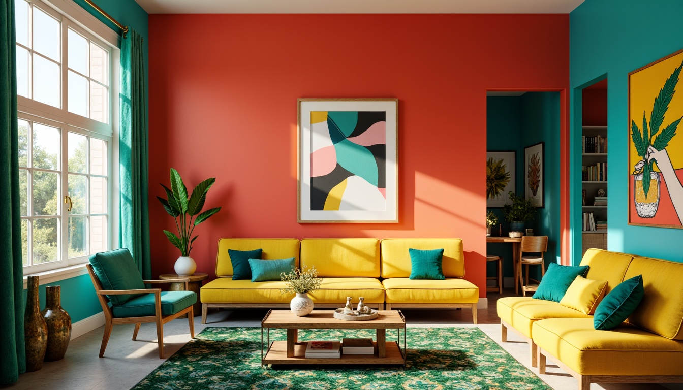 Prompt: Vibrant living room, bold color palette, bright coral walls, turquoise accents, sunny yellow furniture, emerald green rugs, metallic gold decor, luxurious velvet fabrics, abstract geometric patterns, eclectic bohemian style, natural light pouring in, warm soft glow, shallow depth of field, 1/1 composition, realistic textures, ambient occlusion.