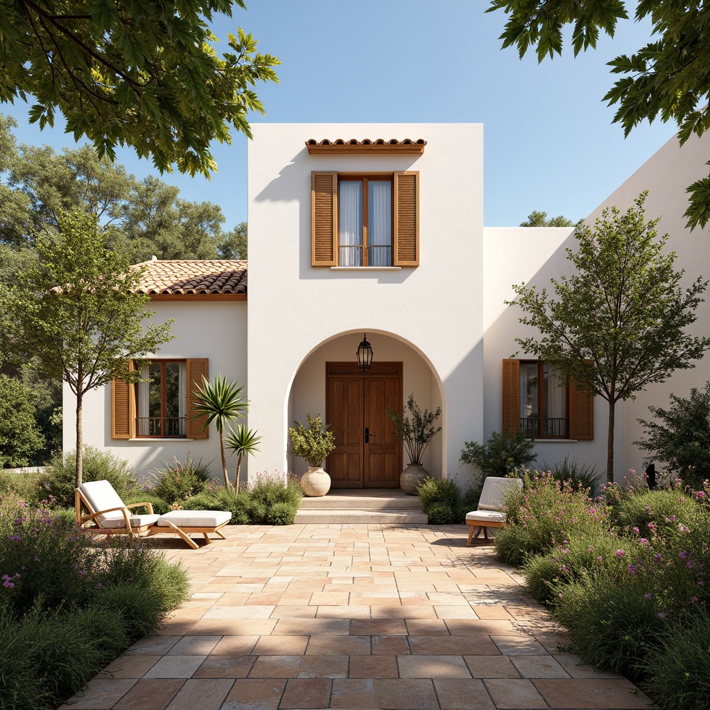 Prompt: Warm Mediterranean villa, soft white stucco walls, rustic terracotta roof tiles, lush greenery, blooming flowers, wooden shutters, ornate ironwork, natural stone floors, arched windows, colorful ceramic tiles, bright sunny day, warm gentle lighting, high ceilings, airy open spaces, minimal decor, earthy color palette, soft shadows, 1/1 composition, atmospheric perspective, realistic textures.