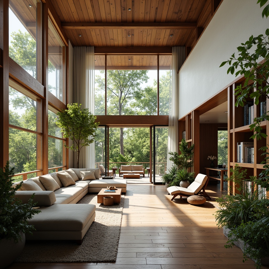 Prompt: Open-plan living area, mid-century modern architecture, large windows, sliding glass doors, natural light, airy atmosphere, minimal ornamentation, functional simplicity, organic and geometric shapes, wooden accents, earthy tones, lush greenery, potted plants, comfortable seating areas, cozy reading nooks, warm color palette, soft textures, ambient lighting, 1/1 composition, shallow depth of field, realistic rendering.