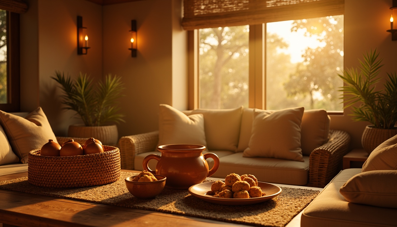 Prompt: Warm golden light, honeycomb textures, soft sun-kissed skin tones, earthy terracotta pottery, rich caramel colors, buttery yellow accents, burnt orange hues, rusty metal details, natural wood grains, woven wicker furniture, cozy candlelit ambiance, soft warm lighting, shallow depth of field, 1/1 composition, realistic materials, ambient occlusion.