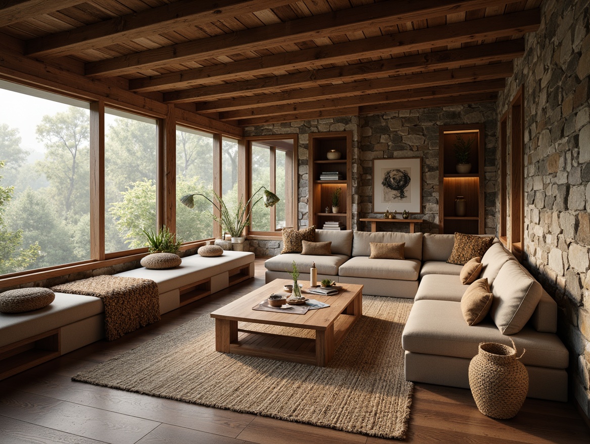 Prompt: Rustic wooden cabin, natural stone walls, woven wicker furniture, plush throw blankets, earthy tone color palette, cozy reading nooks, modern minimalist decor, floor-to-ceiling windows, sheer white curtains, ambient soft lighting, warm candlelight, textured linen upholstery, woven baskets, organic shapes, nature-inspired patterns, calming atmosphere, serene forest surroundings, misty morning light, shallow depth of field, 1/2 composition, realistic wood textures, subtle ambient occlusion.